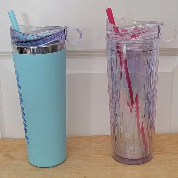 2 Rare Dunkin' 2025 24oz. Tumblers. Pink Chiseled Ice & Blue Soft Touch. - Picture 5 of 7